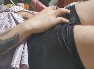 Leather boxer jerking cock
